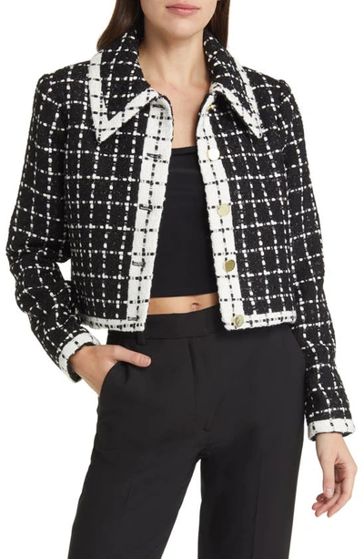 Shop Alice And Olivia Renae Point Collar Tweed Jacket In Black/ Off White