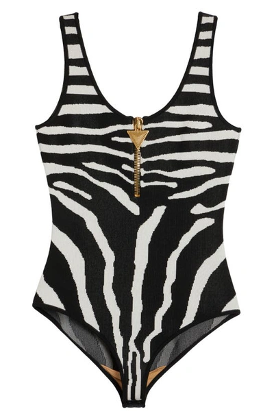 Shop Balmain Zebra Jacquard Bodysuit In Black/ Natural