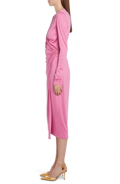 Shop Tom Ford Ruched Long Sleeve Silk Jersey Wrap Dress In Rose Bloom