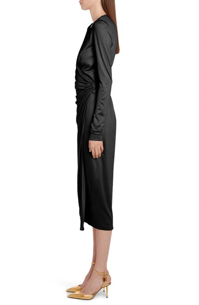 Shop Tom Ford Ruched Long Sleeve Silk Jersey Wrap Dress In Black