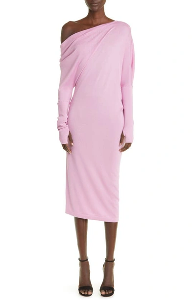 Shop Tom Ford One-shoulder Long Sleeve Cashmere & Silk Midi Sweater Dress In Light Rose Bloom