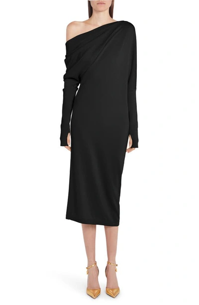 Shop Tom Ford One-shoulder Long Sleeve Cashmere & Silk Midi Sweater Dress In Black