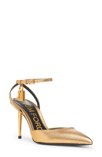 Shop Tom Ford Padlock Pointed Toe Pump In Gold