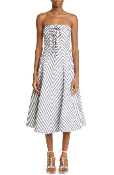 Shop Zimmermann High Tide Lace-up Cotton Blend Midi Dress In Navy/ Cream Stripe