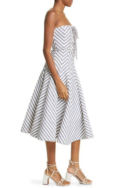 Shop Zimmermann High Tide Lace-up Cotton Blend Midi Dress In Navy/ Cream Stripe