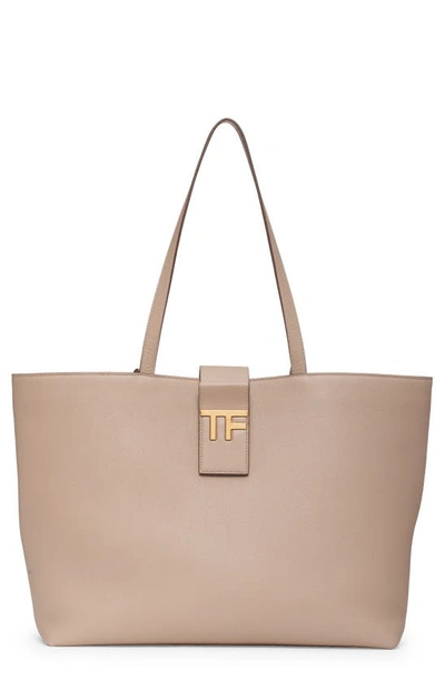 Shop Tom Ford Small East/west Grained Leather Tote In Silk Taupe