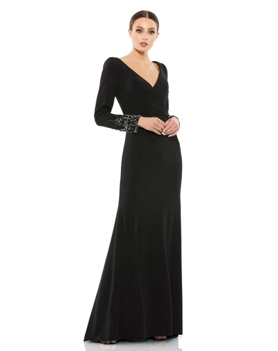 Shop Mac Duggal Beaded Cuff Long Sleeve Wrap Over Trumpet Gown In Black