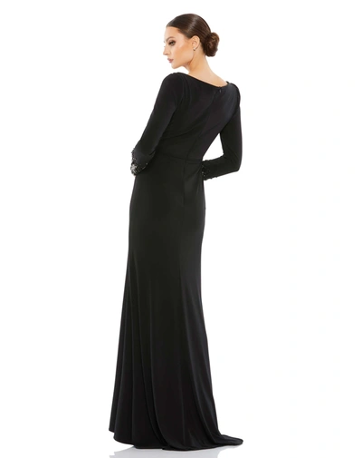 Mac Duggal Beaded Cuff Long Sleeve Wrap Front Gown In Black