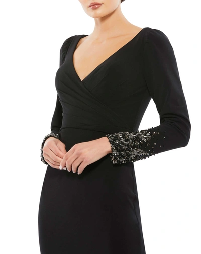 Mac Duggal Beaded Cuff Long Sleeve Wrap Front Gown In Black