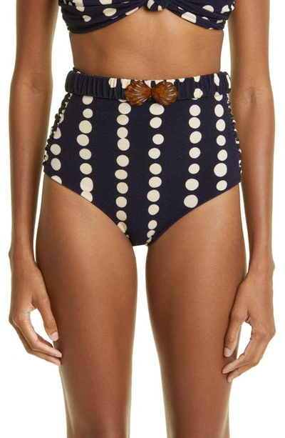 Shop Johanna Ortiz El Faro Polka Dot High Waist Belted Bikini Bottoms In Kuba Black/ Ecru