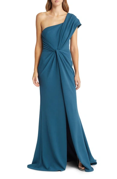 Shop Tadashi Shoji Knotted One-shoulder Evening Gown In Atlantic Blue