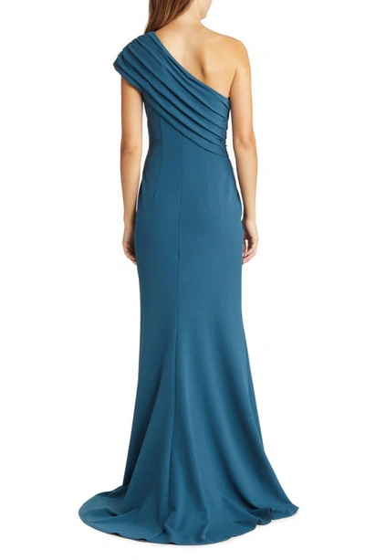 Shop Tadashi Shoji Knotted One-shoulder Evening Gown In Atlantic Blue