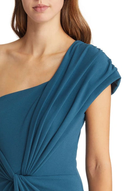 Shop Tadashi Shoji Knotted One-shoulder Evening Gown In Atlantic Blue