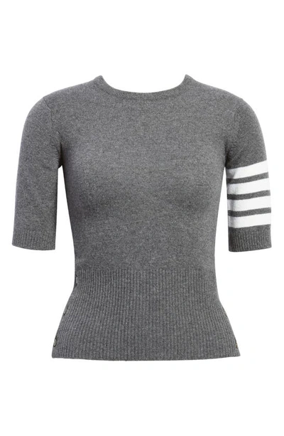 Thom Browne Signature 4-bar Stripe Short-sleeve Cashmere Top In Medium Grey