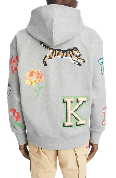 Shop Kenzo Oversize Embroidered Pixel Stretch Cotton Hoodie In Pearl Grey