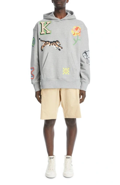 Shop Kenzo Oversize Embroidered Pixel Stretch Cotton Hoodie In Pearl Grey