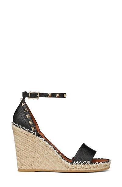 Shop Valentino Rockstud Espadrille Wedge Sandal In Nero/ Light Cuir/ Natruale
