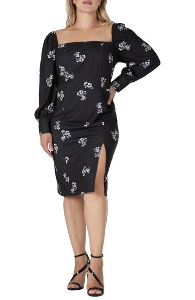 Shop S And P Floral Ruched Long Sleeve Dress In Black White Sakura