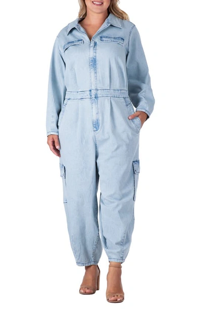 Shop S And P Cargo Long Sleeve Denim Jumpsuit In Bleached Blue