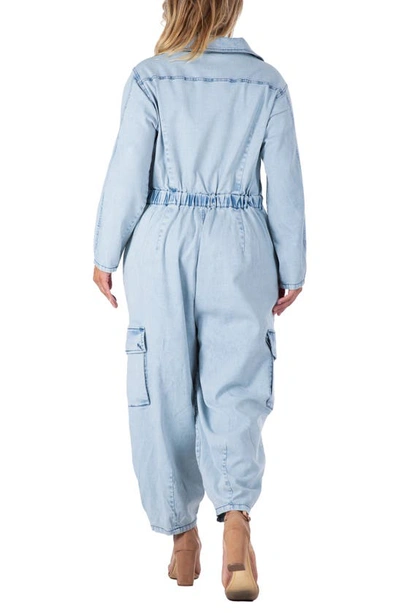 Shop S And P Standards & Practices Cargo Long Sleeve Denim Jumpsuit In Bleached Blue