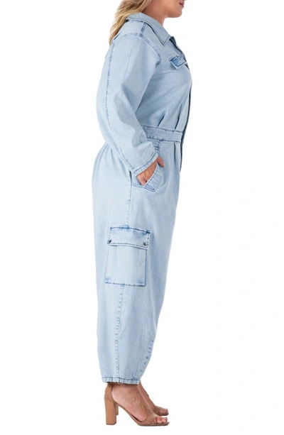 S And P Cargo Long Sleeve Denim Jumpsuit In Bleached Blue