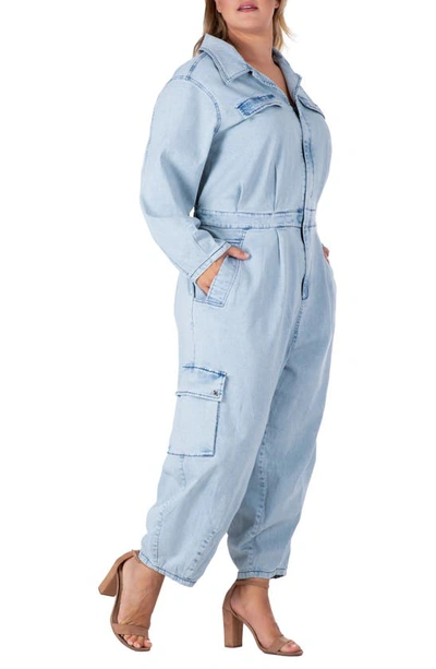 Shop S And P Cargo Long Sleeve Denim Jumpsuit In Bleached Blue