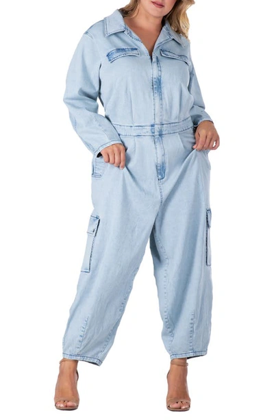 Shop S And P Cargo Long Sleeve Denim Jumpsuit In Bleached Blue