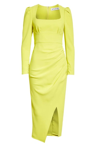 Shop Self-portrait Ruched Long Sleeve Crepe Maxi Dress In Lime Green
