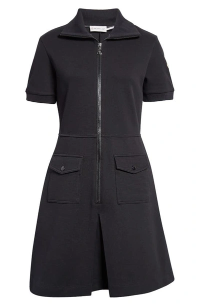 Shop Moncler Zip Front Cotton Blend Piqué Dress In Black