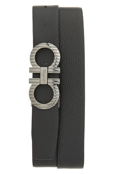 Shop Ferragamo Double Gancio Reversible Leather Belt In Marmo Nero