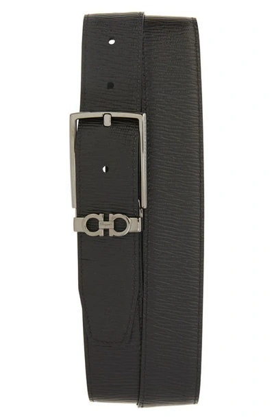 Shop Ferragamo Double Gancio Loop Reversible Leather Belt In Agrifoglio Nero