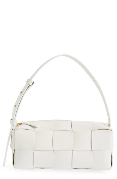 Shop Bottega Veneta Brick Intrecciato Leather Shoulder Bag In 9009 White-gold