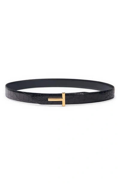 Shop Tom Ford T Icon Reversible Croc Embossed Patent Leather Belt In Black