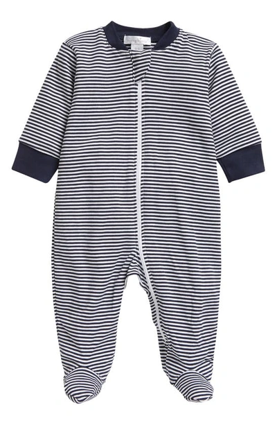 Kissy Kissy Stripe Pima Cotton Zip Footie In Navy