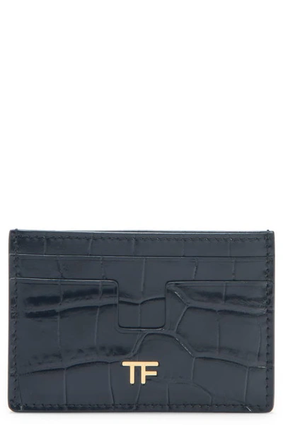 Shop Tom Ford T-line Croc Embossed Leather Card Holder In Black