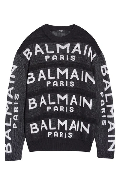 Shop Balmain Logo Jacquard Crewneck Wool Sweater In Black/ White