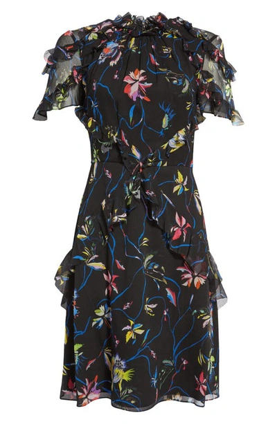 Shop Jason Wu Floral Ruffle Trim Silk Chiffon Dress In Black Multi