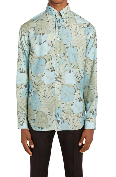 Shop Tom Ford Dusty Hibiscus Fluid Fit Button-down Shirt In Combo Mil Blue