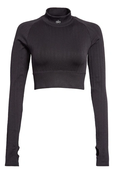 Shop Alo Yoga Seamless Cable Fleece Crop Top In Black