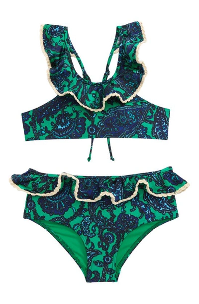 Shop Zimmermann Kids' Tiggy Ruffle Two-piece Swimsuit In Navy/ Green Paisley
