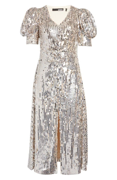 Shop Rotate Birger Christensen Puff Sleeve Sequin Midi Dress In Silver