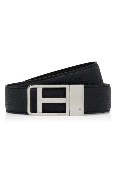 Shop Tom Ford Framed T Buckle Reversible Soft Grain Leather Belt In Dark Navy / Black