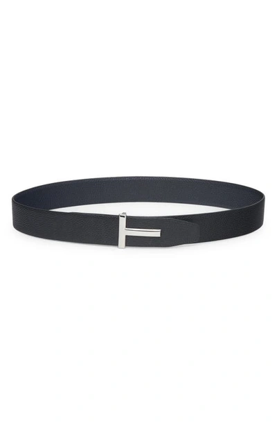 Shop Tom Ford T Icon Reversible Soft Grain Leather Belt In Dark Navy/ Black