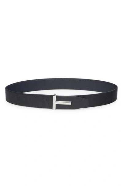 Tom Ford Adjustable Grained Calf Leather Belt In Dark Navy/ Black