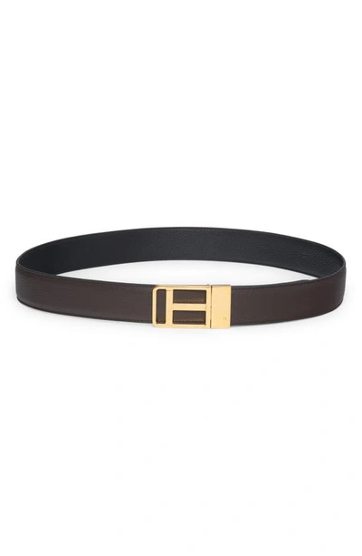 Shop Tom Ford Framed T Buckle Reversible Soft Grain Leather Belt In Brown / Black