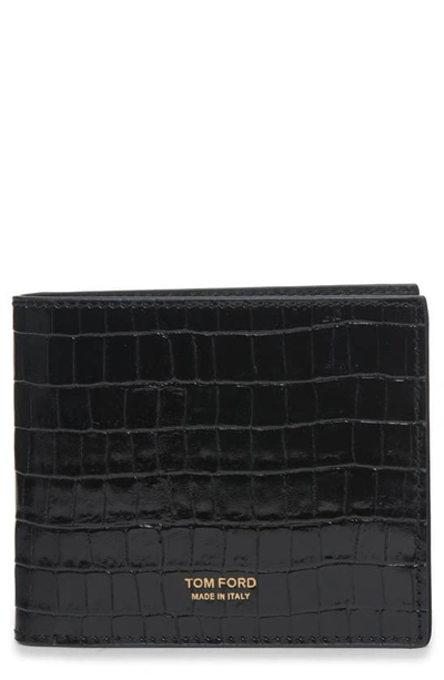Shop Tom Ford T-line Croc Embossed Patent Leather Bifold Wallet In Black