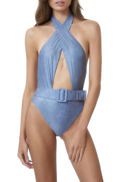 Shop Pq Swim Belted Alex Crossover Halter One-piece Swimsuit In Indie Sky