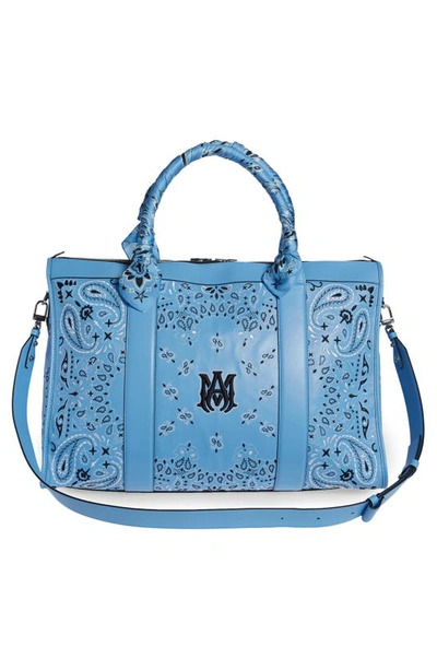 Shop Amiri Bandana Embroidered Leather Weekend Bag In Carolina Blue