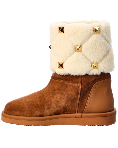 Shop Valentino Roman Stud Quilted Shearling & Suede Bootie In Brown