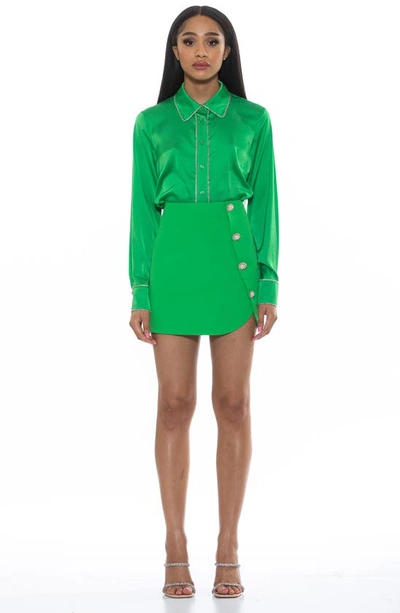 Shop Alexia Admor Rachel Rhinestone Trim Satin Button-up Blouse In Bright Green